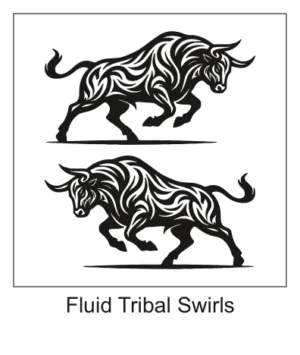 Two charging bulls in tribal swirl style layered above and below each other facing opposite directions.