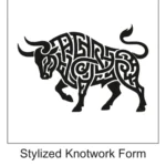 Charging bull whose entire body is constructed from interlocking Celtic knotwork paths.