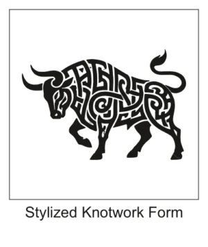 Charging bull whose entire body is constructed from interlocking Celtic knotwork paths.