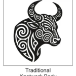 Powerful bull head and shoulder bust filled with traditional spiral knotwork motifs and curved horns.