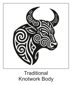 Powerful bull head and shoulder bust filled with traditional spiral knotwork motifs and curved horns.