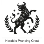 Black heraldic prancing bull tattoo design surrounded by stars and a laurel leaf wreath frame