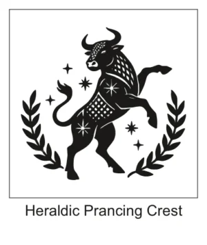 Black heraldic prancing bull tattoo design surrounded by stars and a laurel leaf wreath frame