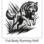 Ferocious full-body running wolf tattoo design with open jaws breaking through slash accents