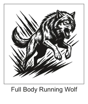 Ferocious full-body running wolf tattoo design with open jaws breaking through slash accents