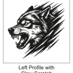Left-facing snarling wolf head framed by dramatic diagonal claw scratch marks