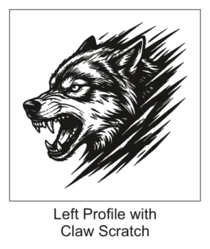 Left-facing snarling wolf head framed by dramatic diagonal claw scratch marks