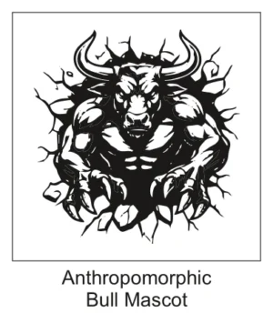 Muscular humanoid bull mascot with clawed hands breaking through a cracked wall effect