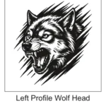 Left-facing snarling wolf head portrait with dark shading and slash background accents