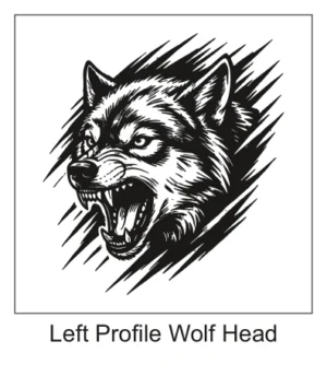 Left-facing snarling wolf head portrait with dark shading and slash background accents