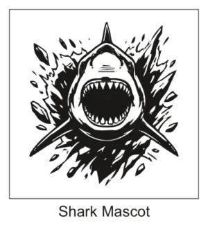 Frontal view great white shark bursting forward with wide open jaws and splashing water effect
