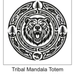 Circular tribal mandala totem tattoo with a roaring bear face center surrounded by fish and pine tree icons