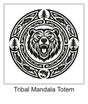 Circular tribal mandala totem tattoo with a roaring bear face center surrounded by fish and pine tree icons
