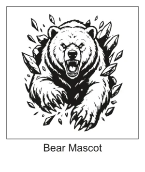 Frontal roaring grizzly bear bursting forward through a cracked rock background