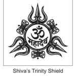 Om Mahadev Hindi text tattoo with Trishul, Damru, and crescent moon