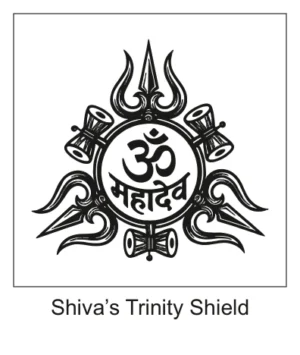 Om Mahadev Hindi text tattoo with Trishul, Damru, and crescent moon