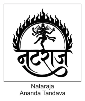 Dancing Lord Nataraja silhouette in flame ring with Nataraj Devnagari text